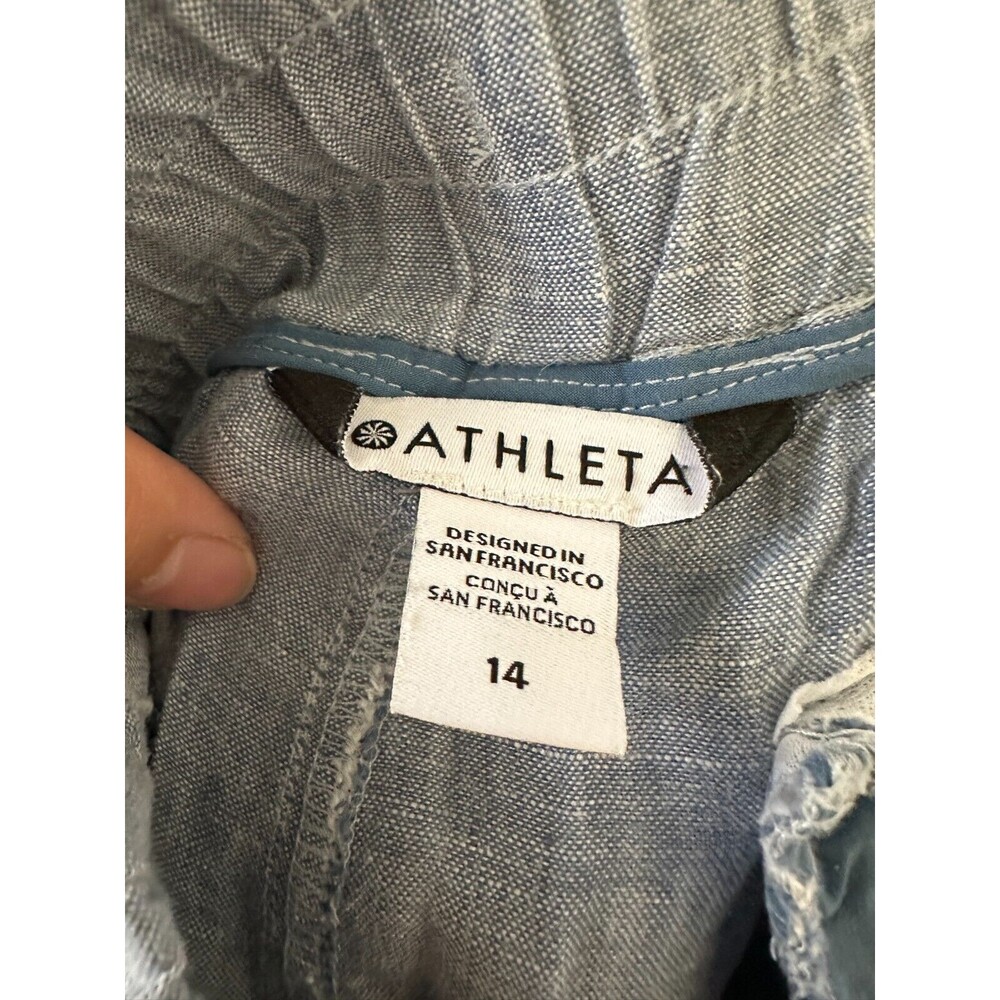 Athleta Cabo Linen Jogger Pants Tapered Drawstring Chambray Blue Women's Size 14 - Picture 6 of 8